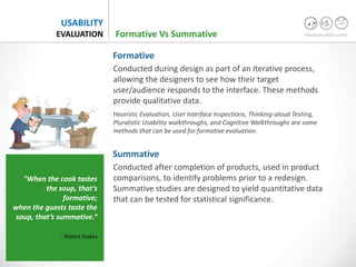 measure with users
USABILITY
EVALUATION
Conducted during design as part of an iterative process,
allowing the designers to see how their target
user/audience responds to the interface. These methods
provide qualitative data.
Heuristic Evaluation, User Interface Inspections, Thinking-aloud Testing,
Pluralistic Usability walkthroughs, and Cognitive Walkthroughs are some
methods that can be used for formative evaluation.
Conducted after completion of products, used in product
comparisons, to identify problems prior to a redesign.
Summative studies are designed to yield quantitative data
that can be tested for statistical significance.
Formative
Summative
"When the cook tastes
the soup, that’s
formative;
when the guests taste the
soup, that’s summative.“
- Robert Stakes
Formative Vs Summative
 