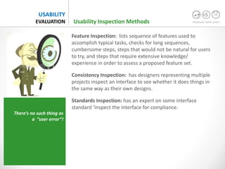 measure with users
USABILITY
EVALUATION
Feature Inspection: lists sequence of features used to
accomplish typical tasks, checks for long sequences,
cumbersome steps, steps that would not be natural for users
to try, and steps that require extensive knowledge/
experience in order to assess a proposed feature set.
Consistency Inspection: has designers representing multiple
projects inspect an interface to see whether it does things in
the same way as their own designs.
Standards Inspection: has an expert on some interface
standard ‘inspect the interface for compliance.
Usability Inspection Methods
There’s no such thing as
a “user error”!
 