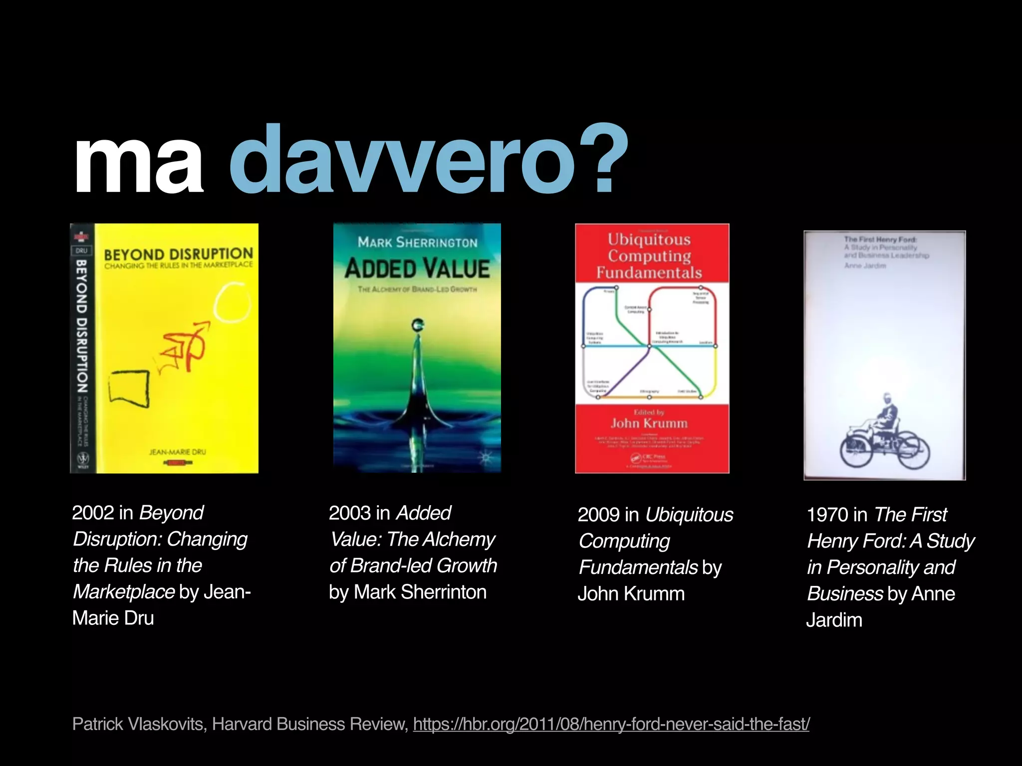 ma davvero? 
2003 in Added 
Value: The Alchemy 
of Brand-led Growth 
by Mark Sherrinton 
2002 in Beyond 
Disruption: Changing 
the Rules in the 
Marketplace by Jean- 
Marie Dru 
2009 in Ubiquitous 
Computing 
Fundamentals by 
John Krumm 
1970 in The First 
Henry Ford: A Study 
in Personality and 
Business by Anne 
Jardim 
Patrick Vlaskovits, Harvard Business Review, https://hbr.org/2011/08/henry-ford-never-said-the-fast/ 
 