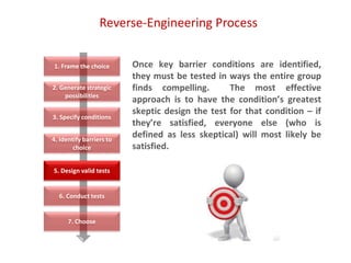 Reverse-Engineering Process
Once key barrier conditions are identified,
they must be tested in ways the entire group
finds compelling. The most effective
approach is to have the condition’s greatest
skeptic design the test for that condition – if
they’re satisfied, everyone else (who is
defined as less skeptical) will most likely be
satisfied.
1. Frame the choice
2. Generate strategic
possibilities
3. Specify conditions
4. Identify barriers to
choice
5. Design valid tests
6. Conduct tests
7. Choose
 