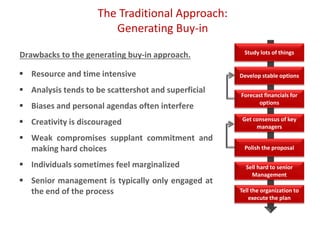 The Traditional Approach:
Generating Buy-in
 Resource and time intensive
 Analysis tends to be scattershot and superficial
 Biases and personal agendas often interfere
 Creativity is discouraged
 Weak compromises supplant commitment and
making hard choices
 Individuals sometimes feel marginalized
 Senior management is typically only engaged at
the end of the process
Study lots of things
Develop stable options
Forecast financials for
options
Get consensus of key
managers
Polish the proposal
Sell hard to senior
Management
Tell the organization to
execute the plan
Drawbacks to the generating buy-in approach.
 