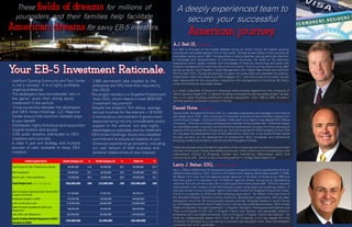 These fields of dreams for millions of
youngsters and their families help facilitate
American dreamsfor savvy EB-5 investors.
Your EB-5 Investment Rationale.
• LakePoint Sporting Community and Town Center
is not a concept. It is a highly profitable,
ongoing enterprise
• The developers have considerable “skin in
the game,” given their strong equity
investment in the venture
• Cross-ownership between the developers
and EB-5 Ameri-Holdings, LLC Regional
Center ensure that common interests align
to your benefit
• Distressed, highly fortuitous land acquisition
• Superb location and access
• 3.5% profit streams distributed to EB-5
investors semi-annually
• A clear 5 year exit strategy and multiple
sources of cash available to repay EB-5
investors
• 2,683 permanent jobs created by the
enterprise are 74% more than required by
the USCIS
• The project resides in a Targeted Employment
Area (TEA), which means a lower $500,000
investment requirement
• Despite the project’s TEA status, average
annual incomes for the area are > $74,000
• A tremendous commitment of government
resources bring not only considerable public
support to the venture, but also highly
advantageous subsidies and tax treatment
• EB-5 Ameri-Holdings’ sturdy and steadfast
commitment to ensure all aspects of your
American experience go smoothly, including
our vast network of both business and
personal relationships at your disposal
Initial Capital Stack South Campus ($) % North Campus ($) % Total ($) %
Cash Equity & Public Infrastructure Grants 30,000,000 14.6 35,400,000 29.7 65,400,000 20.1
EB-5 Investment 60,000,000 29.1 40,000,000 33.6 100,000,000 30.8
Senior Loan + Municipal Bonds 116,000,000 56.3 43,600,000 36.6 159,600,000 49.1
Total Project Cost (Incl. contingency) 206,000,000 100 119,000,000 100 325,000,000 100
Net Cumulative Operating Cash Flow for EB-5
Investors 2016-2020
61,728,069 27,037,341 88,765,411
Projected Valuation in 2020 315,000,000 128,000,000 443,000,000
Less: Construction Loan (116,000,000) (43,600,000) (159,600,000)
Sales Proceeds Available for EB-5 Loan
Repayment
199,000,000 84,400,000 283,400,000
Less: EB-5 Loan Repayment (60,000,000) (40,000,000) (100,000,000)
Equity Cushion Behind Repayment of EB-5
Investors in 2020
139,000,000 44,400,000 183,400,000
A
A.J
co
rea
to
exp
pro
se
20
tra
be
wo
A.J
No
ha
ce
D
Da
rea
Lio
Un
his
as
Inc
foc
sh
Ho
me
Int
co
La
La
dif
Mr
ha
na
ins
wa
Th
the
se
by
Sta
“H
em
ho
Un
Un
A deeply experienced team to
secure your successful
American journey.
A.J. Belt III, Principal
J. Belt is Principal of the Capital Markets Group at Avison Young, the fastest growing
mmerical real estate advisory firm in the world. He has served clients in the commercial
al estate industry since 1983. He specializes in retail properties, paying particular attention
brokerage and recapitalization of joint-venture structures. He relies on his extensive
perience within capital markets and knowledge of financial structuring and asset and
operty management to maximize returns for his clients. Prior to joining Avison Young, Belt
rved as Senior Vice-President, Asset Management with Flagler Real Estate Services from
10 to April 2012. During the previous 12 years, he co-founded and operated the publicly-
aded Dutch retail real estate fund DIM Vastgoed, N.V. Over the course of his career, he has
en responsible for the acquisition, disposition and management of more than $2 billion
orth of commercial real estate assets.
J. holds a Bachelor of Science in Business Administration degree from the University of
orth Carolina-Chapel Hill. In addition to being a licensed Florida real estate broker, he also
as a U.S. Green Building Certification Institute designation. From 1986 to 2005, he held a
rtified general contractor’s license in Florida.
aniel Hotte, Principal
aniel Hotte, President of Echion USA, Inc., has been a developer and manager of commercial
al estate since 1978. After receiving his Graduate Sciences of Administration degree from
onel Groulx College – Province of Quebec, Hotte went on to obtain a law degree from Ottawa
niversity – Province of Ontario, and became a member of the Quebec Bar. Hotte then began
s real estate career in earnest, joining the family development company full-time, learning all
pects of the business from the ground up. During the period of 1978 to present, Echion USA
c. has been the development arm of the Hotte family, Ettoh Ltd., in the south Florida market
cused primarily on the development of professional office complexes and commercial
opping centers anchored by national tenants throughout Florida.
otte has overseen and directed all operations of the companies and has become a prominent
ember of the south Florida real estate community, while continuing his membership in the
ternational Council of Shopping Centers and maintaining relationships within that
mmunity as well. Daniel is also a founding partner in Vintage Real Estate Fund.
arry J. Behar, ESQ., Legal Counsel
rry J. Behar established his boutique business immigration practice representing thirty six
fferent nationalities in 1979. His firm is AV Preeminent rated by Martindale Hubbell. In 2008,
r Behar’s firm won the first regional center approval in the state of Florida since 1996 and
as since gone on to represent over 16 different regional centers, and growing, representing
ationals from all over the world with a multilingual and multicultural staff. The firm was also
strumental in the creation of the EB-5 Express model using direct job modeling creation. It
as also pivotal in ensuring states’ rights in the determination of Targeted Employment Areas.
e firm is a member of IIUSA, the EB-5 lobbying organization. Mr. Behar is the past chair of
e Broward Alliance, Broward county’s economic development organization, and has been
lected as one of the 100 most powerful persons and top 100 global leaders in south Florida
CEO Magazine and the World Trade Council. He has also authored two books: “EB-5 United
ates Immigration through Investment”, in English, Mandarin, Portuguese and Spanish and
ow to Immigrate to the USA” in English, French and Spanish, and personally visited 41
mbassies and consulates worldwide. Larry is trilingual in English, French and Spanish. He
olds an undergraduate degree (B.A.) from Mc Gill University, a civil law degree from the
niversity of Montreal (LL.L) as well as a common law education from Nova Southeastern
niversity (J.D.) in Ft. Lauderdale.
 