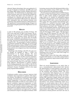 Bledsoe et al. LOW-FIO2 CPAP 3
obtained. Repeat physiologic data were gathered at 5,
10, and 15 minutes of treatment. All EMS units used
the Philips MRX patient monitor (Philips Electronics,
Amsterdam, The Netherlands) for physiologic moni-
toring. Summary data were collected after hospital de-
livery. Patient data sheets were forwarded to a site
coordinator for collection and data entry into a Mi-
crosoft Excel spreadsheet (Microsoft Corp., Redmond,
WA). Subsequent data and statistical analysis were
conducted using statistical features in Microsoft Excel.
The signiﬁcance of measured physiologic changes was
determined using the paired t-test. Signiﬁcance (α) was
set at 0.05.
RESULTS
A total of 340 patients were enrolled. Of these, 183
(54%) were male and 157 (46%) were female. The av-
erage age was 67.7 years (95% conﬁdence interval [CI]:
66.2–69.2). Of the inclusion criteria, 324 (95.3%) pa-
tients had a respiratory rate greater than 25 breaths
per minute, 314 (92.4%) demonstrated accessory mus-
cle usage, and 312 (91.8%) had an SpO2 value less than
or equal to 94%. The presumptive medical conditions
encountered included the following: 161 (47.4%) had
CHF/acute pulmonary edema, 139 (40.9%) had COPD,
77 (22.7%) had asthma, and 54 (15.9%) had pneumonia.
Some patients were assigned more than one prehospi-
tal diagnosis.
Physiologic data ﬁndings with 95% CIs and over-
all changes are detailed in Table 1. CPAP was
discontinued in 56 (16.5%) patients. The most
common reasons for CPAP discontinuation were
anxiety/claustrophobia, 22 (39%); need for intubation,
19 (34%); apnea and bag–valve–mask ventilation, four
(7%); mask problems, four (7%); patient improved
and removed mask, three (5%); and other, ﬁve (9%).
Final subjective determination of patient condition
by the treating paramedic was as follows: 241 (71.5%)
improved, 51 (15.1%) stayed the same, and 45 (13.4%)
worsened. Overall, 19 patients (5.6%) in the study
group required ﬁeld intubation.
DISCUSSION
Continuous positive airway pressure improves both
ventilation and oxygenation in patients with respira-
tory distress. This appears to result from improved gas
exchange, decreased work of breathing, and supple-
mental oxygenation.4
It has been somewhat unclear
whether the beneﬁts of CPAP are more related to im-
proved ventilation, improved oxygenation, or both.
This study demonstrated improvement in respiratory
rate (p = 0.00) and pulse oximetry readings (p = 0.00)
when CPAP was applied. Despite an FiO2 of 28%–30%,
the SpO2 in most patients was improved by 5 minutes
and continued to improve throughout treatment. With
increasing concerns about the detrimental effects of hy-
peroxia and oxidative stress, CPAP using a low FiO2
may be beneﬁcial in the prehospital setting.
Overall, most of our patients improved following ap-
plication of CPAP. Our ﬁndings were consistent with
those of other similar studies of prehospital CPAP
usage. Kallio et al. studied 121 prehospital patients
in Helsinki with presumed severe pulmonary edema
who received CPAP with a device that provided an
FiO2 of 30%–35% and a positive-end expiratory pres-
sure (PEEP) of 1 cmH2O/10 kg body weight. They
found improvement in SpO2, respiratory rate, systolic
blood pressure, and heart rate.4
Templier et al., in a
study of 46 prehospital patients, found improvement
in heart rate, blood pressure (systolic and diastolic),
respiratory rate, and transcutaneous oxygen saturation
using the Boussignac CPAP system. The Boussignac
system uses an FiO2 between 70% and 100% with a
reported PEEP of 10 cmH2O.19
Kosowsky et al., in an
Ohio study of 19 prehospital patients with presumed
pulmonary edema, found improvement in mean res-
piratory rate and SpO2. The FiO2 used in their study
varied from a minimum of 35% up to 95% with the
PEEP set at 10 cmH2O.20
Our overall intubation rate
for the study group was 5.6%. Hubble et al. reported a
decrease in the ﬁeld intubation rate from 29.3% to 8.9%
with CPAP usage.3
Ducros et al. reported a decrease
in the ﬁeld intubation rate from 14% to 4% with pre-
hospital CPAP in patients with cardiogenic pulmonary
edema.21
Dib et al. showed a decrease in prehospital
intubations from 4.6% to 2.6% with CPAP usage in a
cohort with severe CHF.22
Despite using a lower FiO2 than other similar pre-
hospital CPAP studies, we were able to demonstrate a
similar and satisfactory improvement in SpO2 and res-
piratory rate.
LIMITATIONS
There are several limitations to our study. First, it
was a nonrandomized, observational trial. Second,
the determination to enroll patients in the study was
based on subjective paramedic determination based
on the inclusion and exclusion criteria. The accu-
racy of paramedic ﬁeld diagnosis was not veriﬁed
with subsequent hospital records. There was discor-
dance in patient enrollment between the two partic-
ipating EMS operations despite similar total system
transports. AMR enrolled 137 (40%) patients, whereas
MWA enrolled 203 (60%) patients. The reasons for this
discordance were unclear. Furthermore, there was a
decrease in overall patient data in the 10- and 15-
minute physiologic measures because of the relatively
short EMS transport times in Las Vegas. Patients who
received prehospital CPAP may have exhibited further
improvement with longer CPAP treatment. The im-
provements in blood pressure and heart rate seen in
PrehospEmergCareDownloadedfrominformahealthcare.comby107.10.9.14on12/25/11
Forpersonaluseonly.
 