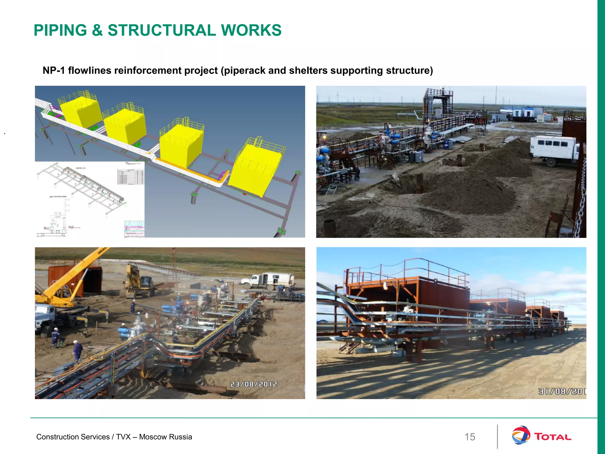 15
PIPING & STRUCTURAL WORKS
NP-1 flowlines reinforcement project (piperack and shelters supporting structure)
Construction Services / TVX – Moscow Russia
 