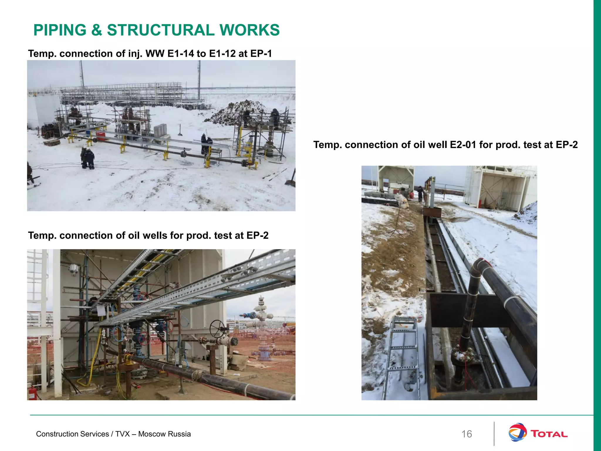 PIPING & STRUCTURAL WORKS
16
Temp. connection of inj. WW E1-14 to E1-12 at EP-1
Construction Services / TVX – Moscow Russia
Temp. connection of oil wells for prod. test at EP-2
Temp. connection of oil well E2-01 for prod. test at EP-2
 