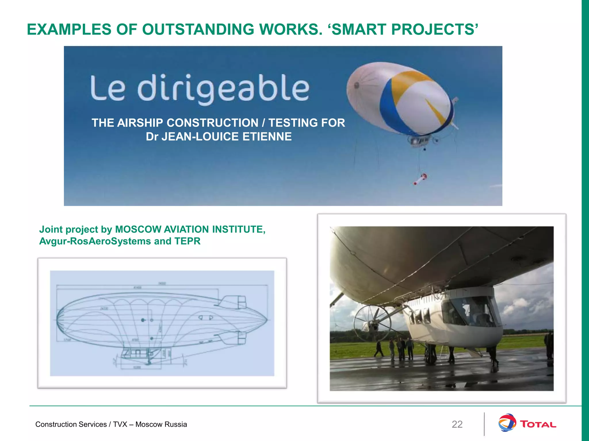 EXAMPLES OF OUTSTANDING WORKS. ‘SMART PROJECTS’
THE AIRSHIP CONSTRUCTION / TESTING FOR
Dr JEAN-LOUICE ETIENNE
Joint project by MOSCOW AVIATION INSTITUTE,
Avgur-RosAeroSystems and TEPR
22Construction Services / TVX – Moscow Russia
 