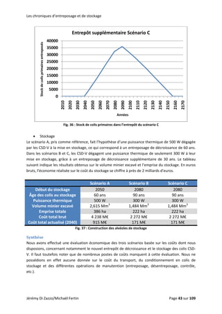 Les chroniques d’entreposage et de stockage 
0
5000
10000
15000
20000
25000
30000
35000
40000
2010
2020
2030
2040
2050
2060
2070
2080
2090
2100
2110
2120
2130
2140
2150
2160
2170
Stock de colis primaires entreposés
Années
Entrepôt supplémentaire Scénario C
 
Fig. 36 : Stock de colis primaires dans l’entrepôt du scénario C 
 
• Stockage 
Le scénario A, pris comme référence, fait l’hypothèse d’une puissance thermique de 500 W dégagée 
par les CSD‐V à la mise en stockage, ce qui correspond à un entreposage de décroissance de 60 ans. 
Dans les scénarios B et C, les CSD‐V dégagent une puissance thermique de seulement 300 W à leur 
mise  en  stockage,  grâce  à  un  entreposage  de  décroissance  supplémentaire  de  30  ans.  Le  tableau 
suivant indique les résultats obtenus sur le volume minier excavé et l’emprise du stockage. En euros 
bruts, l’économie réalisée sur le coût du stockage se chiffre à près de 2 milliards d’euros. 
 
  Scénario A  Scénario B  Scénario C 
Début du stockage  2050  2080  2080 
Âge des colis au stockage  60 ans  90 ans  90 ans 
Puissance thermique  500 W  300 W  300 W 
Volume minier excavé  2,615 Mm3
  1,484 Mm3
  1,484 Mm3
 
Emprise totale  386 ha  222 ha  222 ha 
Coût total brut  4 238 M€  2 272 M€  2 272 M€ 
Coût total actualisé (2040)  915 M€  171 M€  171 M€ 
Fig. 37 : Construction des alvéoles de stockage 
Synthèse 
Nous avons effectué une évaluation économique des trois scénarios basée sur les coûts dont nous 
disposions, concernant notamment le nouvel entrepôt de décroissance et le stockage des colis CSD‐
V. Il faut toutefois noter que de nombreux postes de coûts manquent à cette évaluation. Nous ne 
possédions  en  effet  aucune  donnée  sur  le  coût  du  transport,  du  conditionnement  en  colis  de 
stockage  et  des  différentes  opérations  de  manutention  (entreposage,  désentreposage,  contrôle, 
etc.). 
 
Jérémy Di Zazzo/Michaël Fertin    Page 43 sur 109  
 