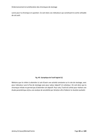 Ordonnancement et amélioration des chroniques de stockage 
suivre pour la chronique en question. Ce sont donc ces indicateurs qui constituent la sortie utilisable 
de cet outil. 
 
 
Fig. 40 : Synoptique de l’outil logiciel (1) 
 
Mettons que le critère à atteindre ici soit d’avoir une activité constante sur le site de stockage, avec 
pour indicateur suivi le flux de stockage avec pour valeur objectif 1,5 colis/jour. On voit donc que la 
chronique initiale ne permet pas d’atteindre cet objectif. Pour cela, l’outil est utilisé pour réaliser une 
étude paramétrique et/ou une analyse de sensibilité par itération afin d’obtenir le résultat souhaité : 
Jérémy Di Zazzo/Michaël Fertin    Page 49 sur 109  
 