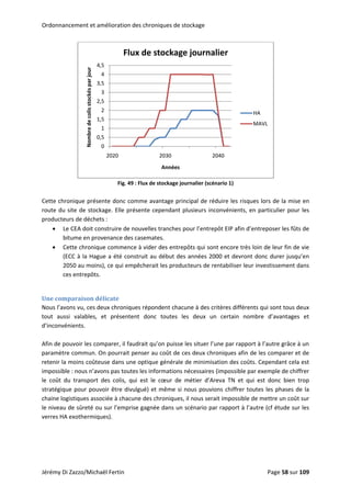 Ordonnancement et amélioration des chroniques de stockage 
0
0,5
1
1,5
2
2,5
3
3,5
4
4,5
2020 2030 2040
Nombre de colis stockés par jour
Années
Flux de stockage journalier
HA
MAVL
 
Fig. 49 : Flux de stockage journalier (scénario 1) 
 
Cette chronique présente donc comme avantage principal de réduire les risques lors de la mise en 
route du site de stockage. Elle présente cependant plusieurs inconvénients, en particulier pour les 
producteurs de déchets :  
• Le CEA doit construire de nouvelles tranches pour l’entrepôt EIP afin d’entreposer les fûts de 
bitume en provenance des casemates. 
• Cette chronique commence à vider des entrepôts qui sont encore très loin de leur fin de vie 
(ECC à la Hague a été construit au début des années 2000 et devront donc durer jusqu’en 
2050 au moins), ce qui empêcherait les producteurs de rentabiliser leur investissement dans 
ces entrepôts. 
 
Une comparaison délicate 
Nous l’avons vu, ces deux chroniques répondent chacune à des critères différents qui sont tous deux 
tout  aussi  valables,  et  présentent  donc  toutes  les  deux  un  certain  nombre  d’avantages  et 
d’inconvénients. 
 
Afin de pouvoir les comparer, il faudrait qu’on puisse les situer l’une par rapport à l’autre grâce à un 
paramètre commun. On pourrait penser au coût de ces deux chroniques afin de les comparer et de 
retenir la moins coûteuse dans une optique générale de minimisation des coûts. Cependant cela est 
impossible : nous n’avons pas toutes les informations nécessaires (impossible par exemple de chiffrer 
le  coût  du  transport  des  colis,  qui  est  le  cœur  de  métier  d’Areva  TN  et  qui  est  donc  bien  trop 
stratégique pour pouvoir être divulgué) et même si nous pouvions chiffrer toutes les phases de la 
chaine logistiques associée à chacune des chroniques, il nous serait impossible de mettre un coût sur 
le niveau de sûreté ou sur l’emprise gagnée dans un scénario par rapport à l’autre (cf étude sur les 
verres HA exothermiques). 
 
Jérémy Di Zazzo/Michaël Fertin    Page 58 sur 109  
 