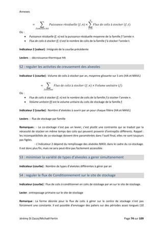 Annexes 
  é   ,      à    ,
 
 
Où :  
• Puissance résiduelle (f, n) est la puissance résiduelle moyenne de la famille f l’année n. 
• Flux de colis à stocker (f, t) est le nombre de colis de la famille f à stocker l’année t. 
 
Indicateur 2 (valeur) : Intégrale de la courbe précédente 
 
Leviers : ‐ décroissance thermique HA 
 
S2 : reguler les activites de creusement des alveoles 
 
Indicateur 1 (courbe) : Volume de colis à stocker par an, moyenne glissante sur 5 ans (HA et MAVL) 
     à    ,      
 
Où :  
• Flux de colis à stocker (f, n) est le nombre de colis de la famille f à stocker l’année n. 
• Volume unitaire (f) est le volume unitaire du colis de stockage de la famille f. 
 
Indicateur 2 (courbe) : Nombre d’alvéoles à ouvrir par an pour chaque filière (HA et MAVL) 
 
Leviers : ‐ flux de stockage par famille 
 
Remarques : ‐ Le co‐stockage n’est pas un levier, c’est plutôt une contrainte qui se traduit par la 
nécessité de stocker en même temps des colis qui peuvent provenir d’entrepôts différents. Rappel : 
les incompatibilités de co‐stockage doivent être paramétrées dans l’outil final, elles ne sont toujours 
pas figées.  
        ‐ L’indicateur 2 dépend du remplissage des alvéoles MAVL dans le cadre du co‐stockage. 
Il est donc plus fin, mais ne sera peut‐être pas facilement accessible. 
 
S3 : minimiser la variété de types d’alveoles a gerer simultanement 
 
Indicateur (courbe) : Nombre de types d’alvéoles différentes à gérer par an 
 
S4 : reguler le flux de Conditionnement sur le site de stockage 
 
Indicateur (courbe) : Flux de colis à conditionner en colis de stockage par an sur le site de stockage.  
 
Levier : entreposage primaire sur le site de stockage 
 
Remarque :  La  forme  désirée  pour  le  flux  de  colis  à  gérer  sur  le  centre  de  stockage  n’est  pas 
forcément une constante. Il est possible d’envisager des paliers sur des périodes assez longues (10 
Jérémy Di Zazzo/Michaël Fertin    Page 74 sur 109  
 