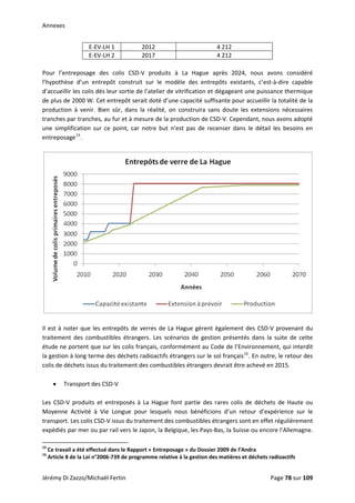 Annexes 
E‐EV‐LH 1  2012  4 212 
E‐EV‐LH 2  2017  4 212 
 
Pour  l’entreposage  des  colis  CSD‐V  produits  à  La  Hague  après  2024,  nous  avons  considéré 
l’hypothèse  d’un  entrepôt  construit  sur  le  modèle  des  entrepôts  existants,  c’est‐à‐dire  capable 
d’accueillir les colis dès leur sortie de l’atelier de vitrification et dégageant une puissance thermique 
de plus de 2000 W. Cet entrepôt serait doté d’une capacité suffisante pour accueillir la totalité de la 
production  à  venir.  Bien  sûr,  dans  la  réalité,  on  construira  sans  doute  les  extensions  nécessaires 
tranches par tranches, au fur et à mesure de la production de CSD‐V. Cependant, nous avons adopté 
une  simplification  sur  ce  point,  car  notre  but  n’est  pas  de  recenser  dans  le  détail  les  besoins  en 
entreposage15
. 
 
 
 
Il est à noter que les entrepôts de verres de La Hague gèrent également des CSD‐V provenant du 
traitement  des  combustibles  étrangers.  Les  scénarios  de  gestion  présentés  dans  la  suite  de  cette 
étude ne portent que sur les colis français, conformément au Code de l’Environnement, qui interdit 
la gestion à long terme des déchets radioactifs étrangers sur le sol français16
. En outre, le retour des 
colis de déchets issus du traitement des combustibles étrangers devrait être achevé en 2015. 
 
• Transport des CSD‐V 
 
Les  CSD‐V  produits  et  entreposés  à  La  Hague  font  partie  des  rares  colis  de  déchets  de  Haute  ou 
Moyenne  Activité  à  Vie  Longue  pour  lesquels  nous  bénéficions  d’un  retour  d’expérience  sur  le 
transport. Les colis CSD‐V issus du traitement des combustibles étrangers sont en effet régulièrement 
expédiés par mer ou par rail vers le Japon, la Belgique, les Pays‐Bas, la Suisse ou encore l’Allemagne. 
                                                            
15
 Ce travail a été effectué dans le Rapport « Entreposage » du Dossier 2009 de l’Andra 
16
 Article 8 de la Loi n°2006‐739 de programme relative à la gestion des matières et déchets radioactifs 
Jérémy Di Zazzo/Michaël Fertin    Page 78 sur 109  
 