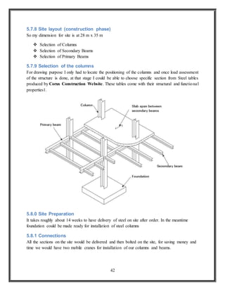 42
5.7.8 Site layout (construction phase)
So my dimension for site is at 28 m x 35 m
 Selection of Columns
 Selection of Secondary Beams
 Selection of Primary Beams
5.7.9 Selection of the columns
For drawing purpose I only had to locate the positioning of the columns and once load assessment
of the structure is done, at that stage I could be able to choose specific section from Steel tables
produced by Corus Construction Website. These tables come with their structural and functional
properties1.
5.8.0 Site Preparation
It takes roughly about 14 weeks to have delivery of steel on site after order. In the meantime
foundation could be made ready for installation of steel columns
5.8.1 Connections
All the sections on the site would be delivered and then bolted on the site, for saving money and
time we would have two mobile cranes for installation of our columns and beams.
 