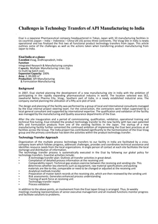 Tech Transfer Scale Up Api Manufacturing Challenges in Technology Transfers of API Manufacturing | PDF