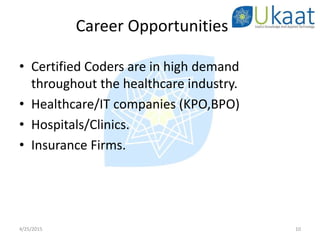 Career Opportunities
• Certified Coders are in high demand
throughout the healthcare industry.
• Healthcare/IT companies (KPO,BPO)
• Hospitals/Clinics.
• Insurance Firms.
4/25/2015 10
 