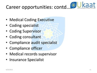 Career opportunities: contd….
• Medical Coding Executive
• Coding specialist
• Coding Supervisor
• Coding consultant
• Compliance audit specialist
• Compliance officer
• Medical records supervisor
• Insurance Specialist
4/25/2015 11
 