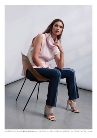 OW1101 FLETCHING LEATHER PANEL ROLL NECK KNIT blush I OW3101 MOUNTAIN PASS SPLIT LEG TENCEL PANT dark indigo
 