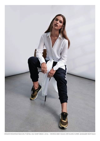 OW4101 MOUNTAIN PASS SPLIT DETAIL SILK SHIRT DRESS white I OW3102 GREY SCALE LOW SLUNG CUPRO JACQUARD PANT black
 