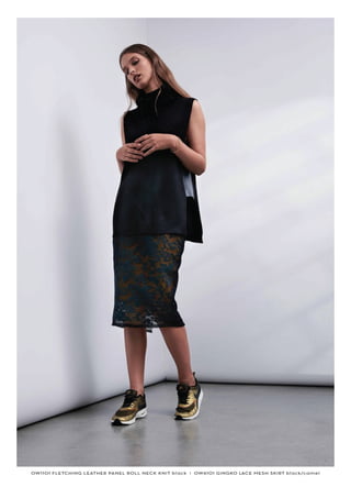 OW1101 FLETCHING LEATHER PANEL ROLL NECK KNIT black I OW6101 GINGKO CE MESH SKIRT black/camel
 