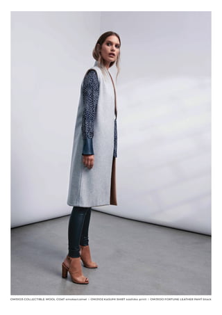 OW5103 COLLECTIBLE WOOL COAT smoke/camel I OW2102 KASUMI SHIRT sashiko print I OW3100 FORTUNE LEATHER PANT black
 