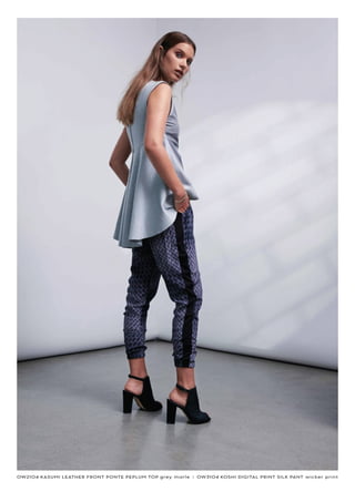 OW2104 KASUMI LEATHER FRONT PONTE PEPLUM TOP grey marle I OW3104 KOSHI DIGITAL PRINT SILK PANT wicker print
 