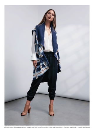 OW1103 KOSHI DOUBLE YER KNIT indigo I OW2102 KASUMI LEATHER CUFF SILK SHIRT ivory I OW3102 GREY SCALE CUPRO PANT black
 