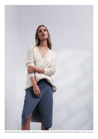 OW1104 WICKER HAND KNITTED V-NECK JUMPER wheat I OW6100 KIKKO REVERSIBLE BONDED PONTE SKIRT grey marle (on reverse)
 