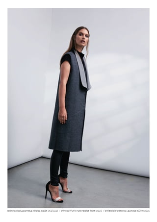 OW5103 COLLECTIBLE WOOL COAT charcoal I OW1102 YUMI FUR FRONT KNIT black I OW3100 FORTUNE LEATHER PANT black
 