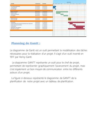 Planning de Gantt :
Le diagramme de Gantt est un outil permettant la modélisation des tâches
nécessaires pour la réalisation d’un projet. Il s’agit d’un outil inventé en
1917 par Henry Gantt.
Le diagramme GANTT représente un outil pour le chef de projet,
permettant de représenter graphiquement l'avancement du projet, mais
c'est également un bon moyen de communication entre les différents
acteurs d'un projet.
La figure ci-dessous représente le diagramme de GANTT de la
planification de notre projet avec un tableau de planification.
 