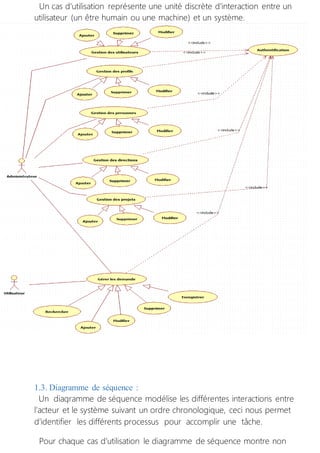 Un cas d'utilisation représente une unité discrète d'interaction entre un
utilisateur (un être humain ou une machine) et un système.
1.3. Diagramme de séquence :
Un diagramme de séquence modélise les différentes interactions entre
l’acteur et le système suivant un ordre chronologique, ceci nous permet
d’identifier les différents processus pour accomplir une tâche.
Pour chaque cas d’utilisation le diagramme de séquence montre non
 