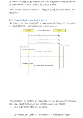 seulement les acteurs qui interagissent avec le système, mais également
les événements système déclenchés par les acteurs.
Dans ce qui suit on va illustrer et analyser quelques diagrammes de
séquences.
1.3.1. Cas d’utilisation « authentification » :
La figure ci-dessous représente le diagramme de séquence correspond
au cas d’utilisation « authentification » avec succès :
Afin d’accéder au contenu de l’application, il faut obligatoirement passer
par l’étape d’authentification qui consiste à suivre ces étapes :
 Saisir l’identifiant et le mot de passe.
 Le système doit vérifier si l’identifiant et le mot de passe sont
 