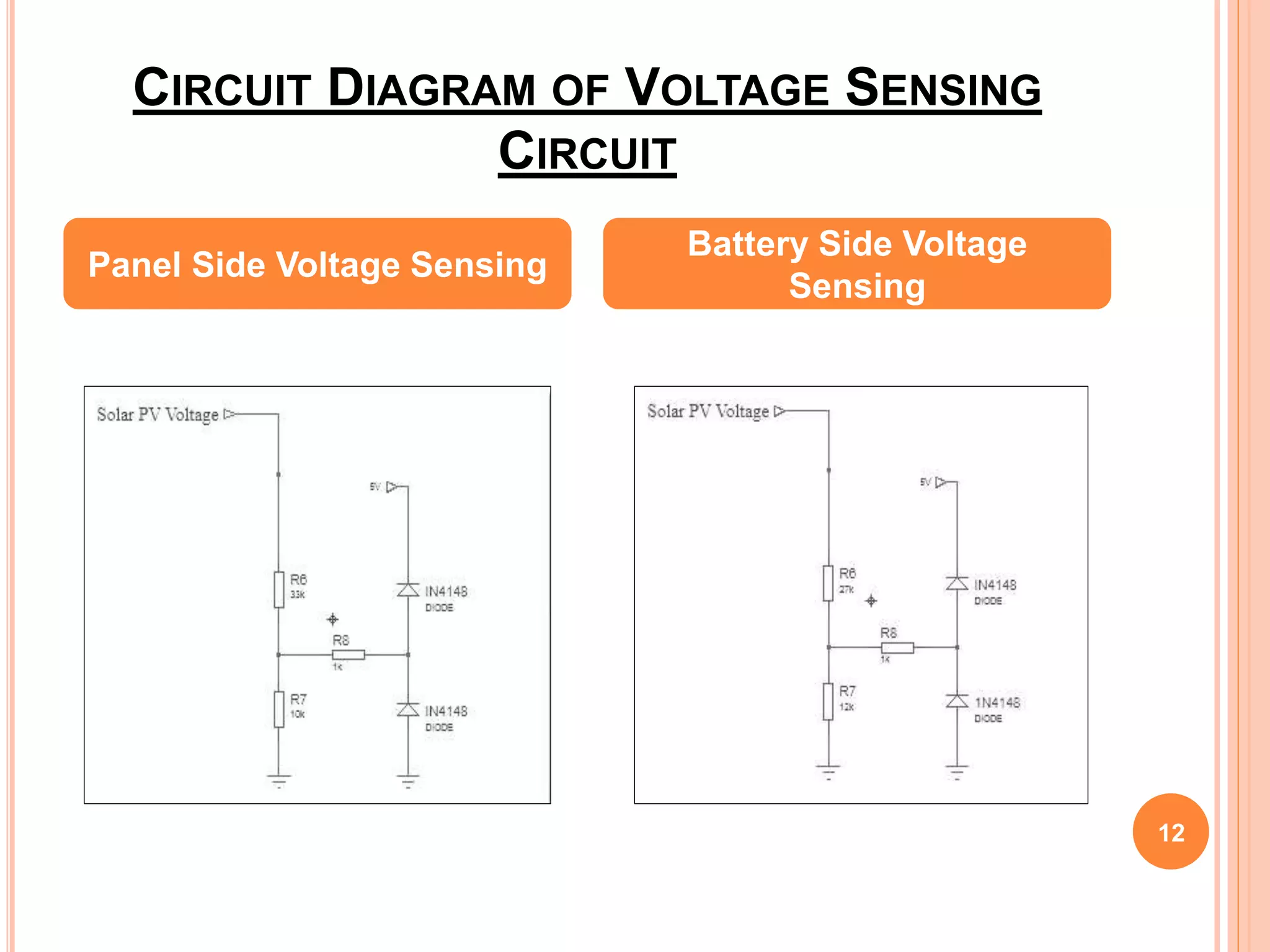 CIRCUIT DIAGRAM OF VOLTAGE SENSING
CIRCUIT
12
Panel Side Voltage Sensing
Battery Side Voltage
Sensing
 