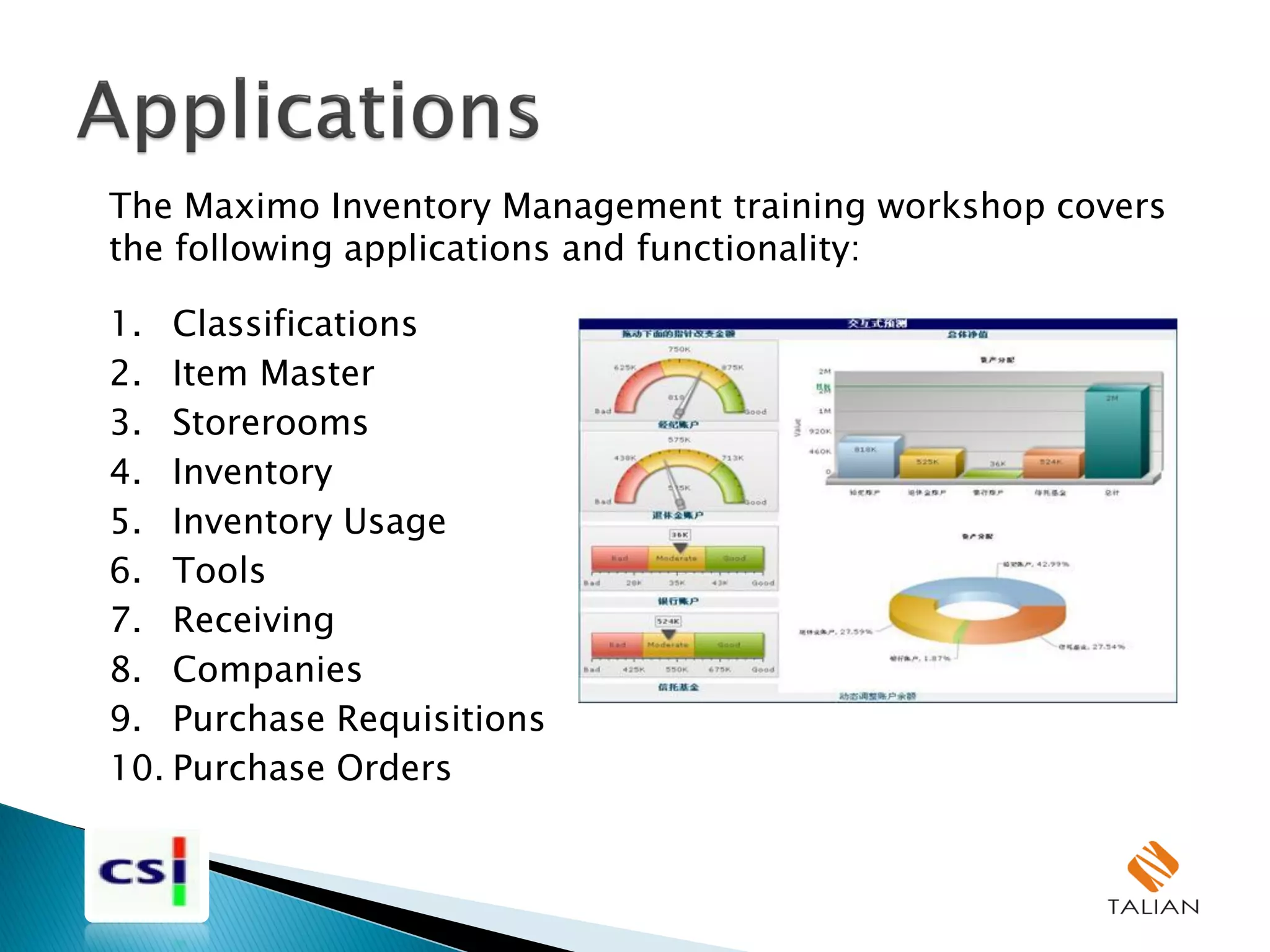 The Maximo Inventory Management training workshop covers
the following applications and functionality:
1. Classifications
2. Item Master
3. Storerooms
4. Inventory
5. Inventory Usage
6. Tools
7. Receiving
8. Companies
9. Purchase Requisitions
10. Purchase Orders
 