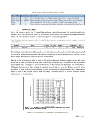 26 | P a g e  
 
Table 1. Types of FE Elements Used to Model the Chassis. 
 
C. MODEL MATERIAL 
All of the elements within the FE model have assigned material properties. The material used in the 
model is 6061‐T651 aluminum, which is an isotropic material with the material properties defined in 
Table 2. A more detailed summary of material properties is included Appendix C. 
Table 2. Isotropic Material Properties‐Used in the model for beam elements of varying cross‐sections and plate elements of 
varying thicknesses. 
 
For isotropic materials, the yield stress,  , and ultimate stress,  , determine the allowable limit of 
the material. More details regarding the material limits of the materials and calculated margins can be 
found within the individual load case sections of this report. 
Fatigue is also an important topic to cover in this analysis, because the load cases presented will occur 
hundreds or even thousands of times daily. The fatigue curves for 6061‐T6 aluminum are included in 
Figure 31 to allow a comparison between the results of the analysis and the fatigue life of the chassis. 
Although  aluminum  is  a  light  structural  material,  it  generally  has  very  low  fatigue  strength  when 
compared to other structural materials such as steel. An unnotched curve without a stress concentration 
factor  is  able  to  be  utilized  because  FEA  accurately  calculates  stresses  at  specific  locations  where 
stresses may be concentrated.  
 
Figure 31. The Unnotched 6061‐T6 aluminum S/N curve from MMPDS‐8. 
Element Type Element Count Description
Beam, Linear 49 Used to model fasteners or long structures with constant cross sectional area
Plate, Linear 124342 Used to model simple isotropic geometry‐‐efficient use cuts down element count
Mass 6 Used to accurately represent the mass and inertia of nonstructural objects
Rigid 8 Used to secure mass elements to the corresponding structures that bear their load.
Material Alloy Ftu (ksi) Fty (ksi) E (Msi) ν ρ (lb/in^3) REF.
Aluminum 6061‐T651 42 35 9.9 0.33 0.098 MMPDS‐08
 