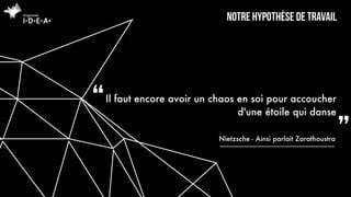Notre hypothèse de travail
Nietzsche - Ainsi parlait Zarathoustra
Il faut encore avoir un chaos en soi pour accoucher
d'un...