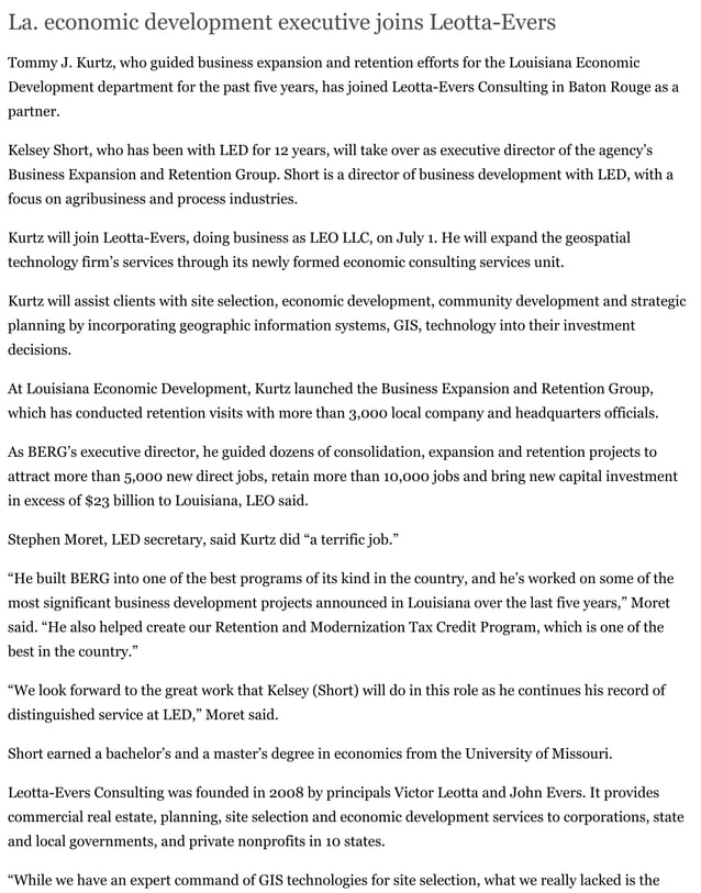 La economic development executive joins leotta evers business the
