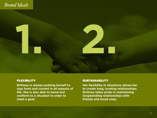 1. 2.
FLEXIBILITY
Brittney is always pushing herself to
stay fresh and current in all aspects of
life. She is also able to bend and
conform to a situation in order to
meet a goal.
SUSTAINABILITY
Her ﬂexibility in situations allows her
to create long, trusting relationships.
Brittney takes pride in maintaining
longstanding relationships with
friends and loved ones.
Brand Ideals
4
 