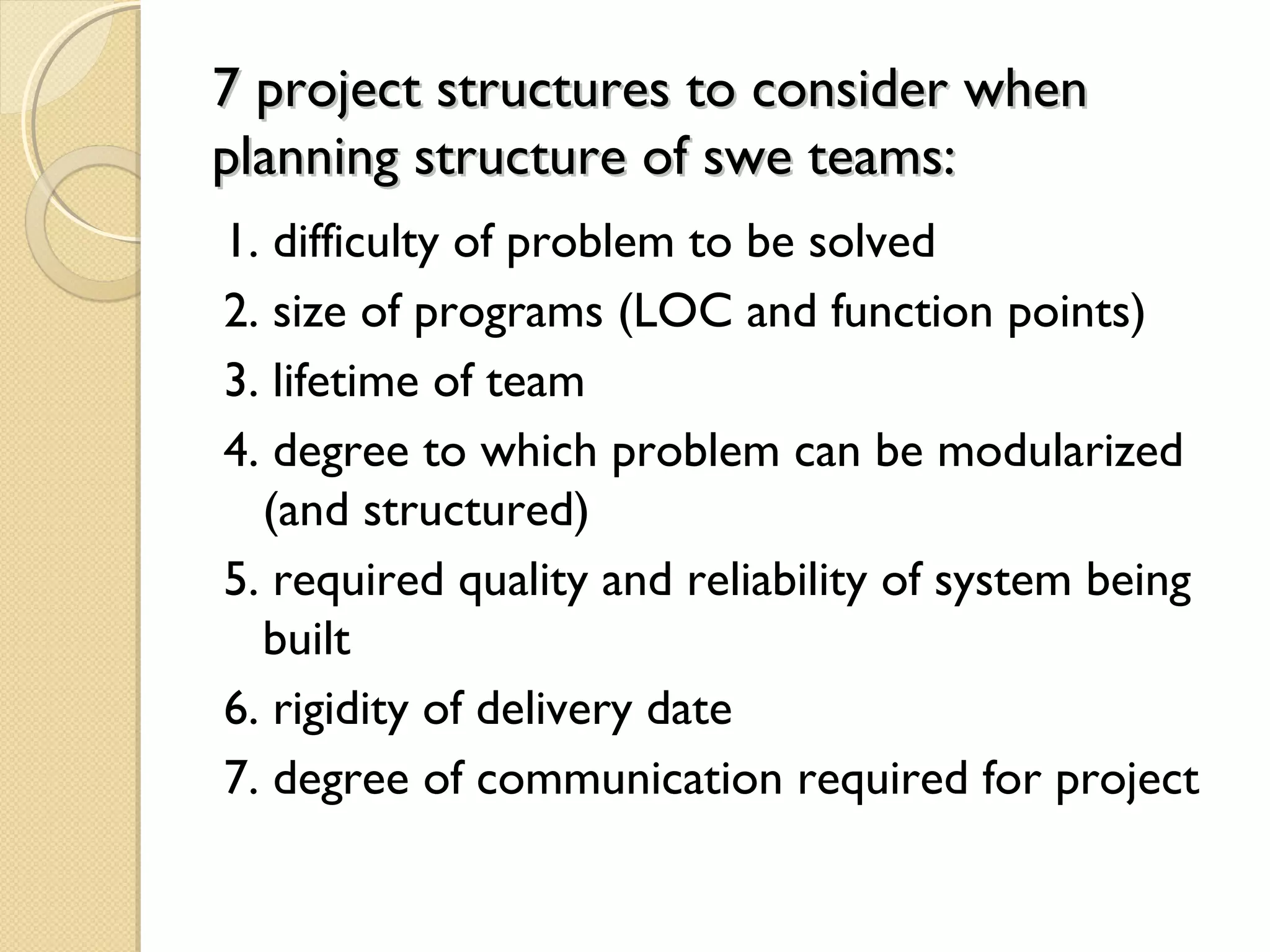 7 project structures to consider when7 project structures to consider when
planning structure of swe teams:planning structure of swe teams:
1. difficulty of problem to be solved
2. size of programs (LOC and function points)
3. lifetime of team
4. degree to which problem can be modularized
(and structured)
5. required quality and reliability of system being
built
6. rigidity of delivery date
7. degree of communication required for project
 
