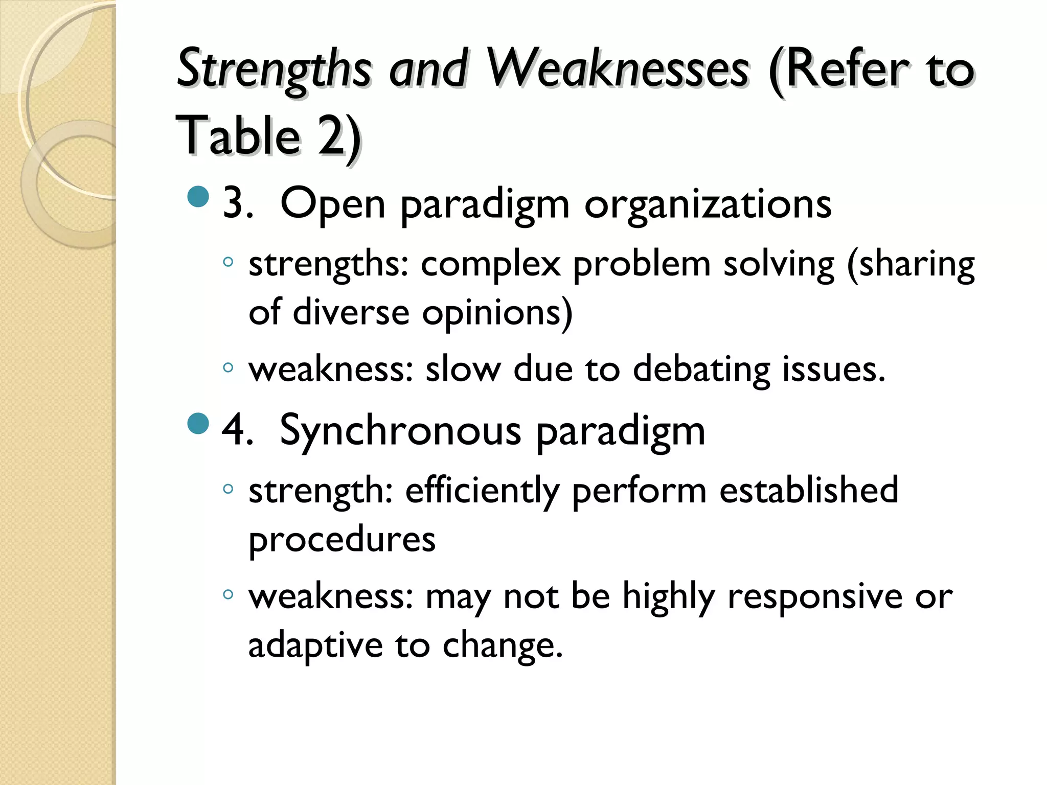 Strengths and WeaknessesStrengths and Weaknesses (Refer to(Refer to
Table 2)Table 2)
3. Open paradigm organizations
◦ strengths: complex problem solving (sharing
of diverse opinions)
◦ weakness: slow due to debating issues.
4. Synchronous paradigm
◦ strength: efficiently perform established
procedures
◦ weakness: may not be highly responsive or
adaptive to change.
 