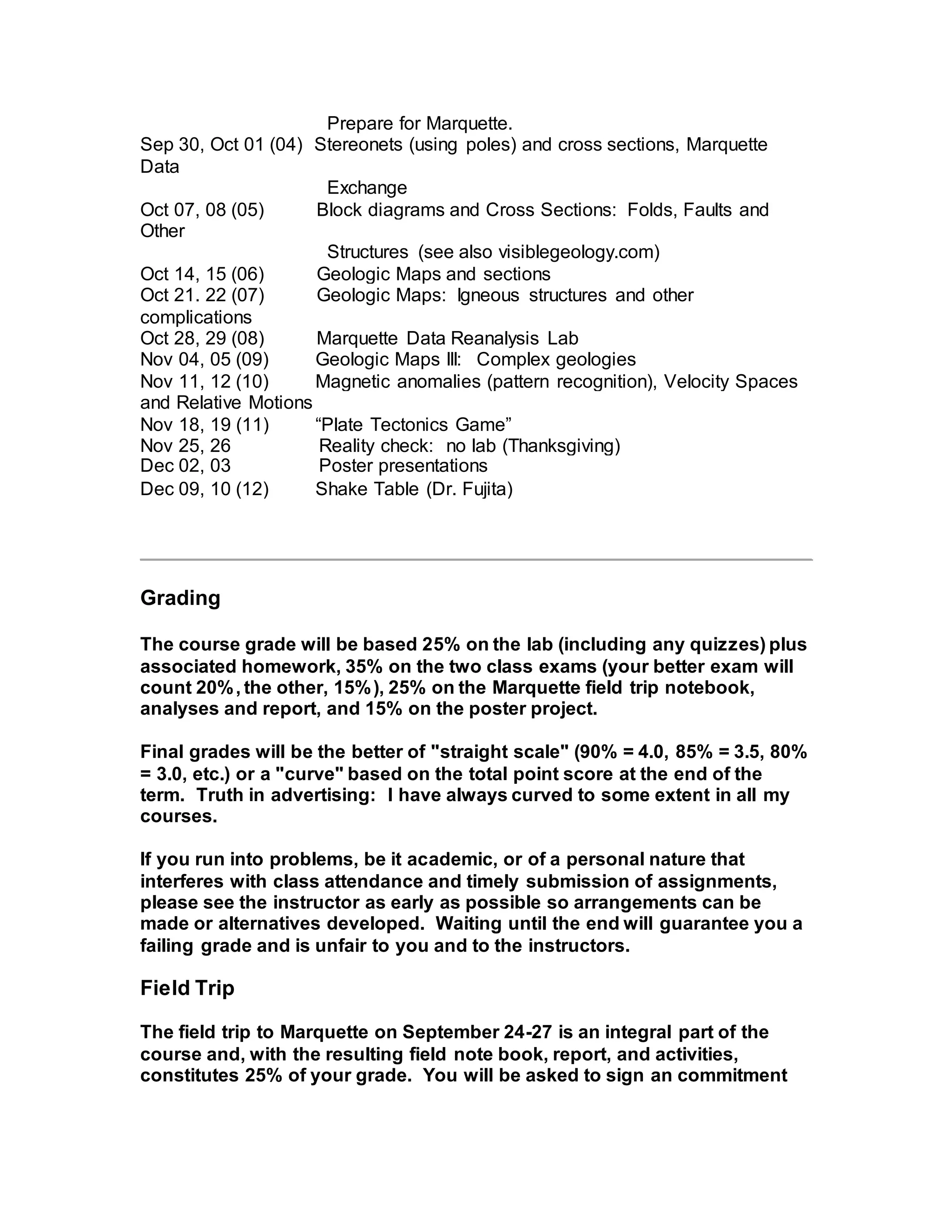 Prepare for Marquette.
Sep 30, Oct 01 (04) Stereonets (using poles) and cross sections, Marquette
Data
Exchange
Oct 07, 08 (05) Block diagrams and Cross Sections: Folds, Faults and
Other
Structures (see also visiblegeology.com)
Oct 14, 15 (06) Geologic Maps and sections
Oct 21. 22 (07) Geologic Maps: Igneous structures and other
complications
Oct 28, 29 (08) Marquette Data Reanalysis Lab
Nov 04, 05 (09) Geologic Maps III: Complex geologies
Nov 11, 12 (10) Magnetic anomalies (pattern recognition), Velocity Spaces
and Relative Motions
Nov 18, 19 (11) “Plate Tectonics Game”
Nov 25, 26 Reality check: no lab (Thanksgiving)
Dec 02, 03 Poster presentations
Dec 09, 10 (12) Shake Table (Dr. Fujita)
Grading
The course grade will be based 25% on the lab (including any quizzes) plus
associated homework, 35% on the two class exams (your better exam will
count 20%, the other, 15%), 25% on the Marquette field trip notebook,
analyses and report, and 15% on the poster project.
Final grades will be the better of "straight scale" (90% = 4.0, 85% = 3.5, 80%
= 3.0, etc.) or a "curve" based on the total point score at the end of the
term. Truth in advertising: I have always curved to some extent in all my
courses.
If you run into problems, be it academic, or of a personal nature that
interferes with class attendance and timely submission of assignments,
please see the instructor as early as possible so arrangements can be
made or alternatives developed. Waiting until the end will guarantee you a
failing grade and is unfair to you and to the instructors.
Field Trip
The field trip to Marquette on September 24-27 is an integral part of the
course and, with the resulting field note book, report, and activities,
constitutes 25% of your grade. You will be asked to sign an commitment
 