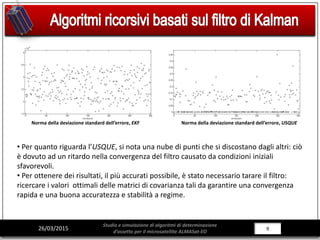 9/28926/03/2015
Studio e simulazione di algoritmi di determinazione
d’assetto per il microsatellite ALMASat-EO
Norma della deviazione standard dell’errore, EKF Norma della deviazione standard dell’errore, USQUE
• Per quanto riguarda l’USQUE, si nota una nube di punti che si discostano dagli altri: ciò
è dovuto ad un ritardo nella convergenza del filtro causato da condizioni iniziali
sfavorevoli.
• Per ottenere dei risultati, il più accurati possibile, è stato necessario tarare il filtro:
ricercare i valori ottimali delle matrici di covarianza tali da garantire una convergenza
rapida e una buona accuratezza e stabilità a regime.
 