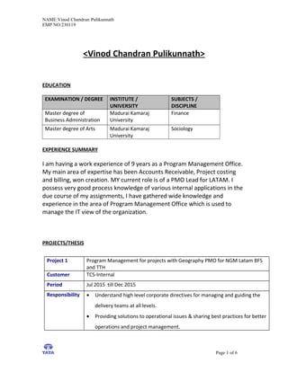 NAME:Vinod Chandran Pulikunnath
EMP NO:230119
<Vinod Chandran Pulikunnath>
EDUCATION
EXAMINATION / DEGREE INSTITUTE /
UNIVERSITY
SUBJECTS /
DISCIPLINE
Master degree of
Business Administration
Madurai Kamaraj
University
Finance
Master degree of Arts Madurai Kamaraj
University
Sociology
EXPERIENCE SUMMARY
I am having a work experience of 9 years as a Program Management Office.
My main area of expertise has been Accounts Receivable, Project costing
and billing, won creation. MY current role is of a PMO Lead for LATAM. I
possess very good process knowledge of various internal applications in the
due course of my assignments, I have gathered wide knowledge and
experience in the area of Program Management Office which is used to
manage the IT view of the organization.
PROJECTS/THESIS
Project 1 Program Management for projects with Geography PMO for NGM Latam BFS
and TTH
Customer TCS-Internal
Period Jul 2015 till Dec 2015
Responsibility • Understand high level corporate directives for managing and guiding the
delivery teams at all levels.
• Providing solutions to operational issues & sharing best practices for better
operations and project management.
Page 1 of 6
 