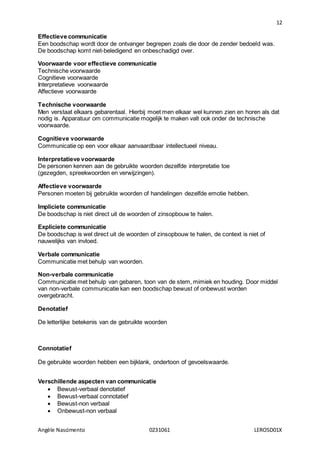 12
Angèle Nascimento 0231061 LEROSD01X
Effectieve communicatie
Een boodschap wordt door de ontvanger begrepen zoals die door de zender bedoeld was.
De boodschap komt niet-beledigend en onbeschadigd over.
Voorwaarde voor effectieve communicatie
Technische voorwaarde
Cognitieve voorwaarde
Interpretatieve voorwaarde
Affectieve voorwaarde
Technische voorwaarde
Men verstaat elkaars gebarentaal. Hierbij moet men elkaar wel kunnen zien en horen als dat
nodig is. Apparatuur om communicatie mogelijk te maken valt ook onder de technische
voorwaarde.
Cognitieve voorwaarde
Communicatie op een voor elkaar aanvaardbaar intellectueel niveau.
Interpretatieve voorwaarde
De personen kennen aan de gebruikte woorden dezelfde interpretatie toe
(gezegden, spreekwoorden en verwijzingen).
Affectieve voorwaarde
Personen moeten bij gebruikte woorden of handelingen dezelfde emotie hebben.
Impliciete communicatie
De boodschap is niet direct uit de woorden of zinsopbouw te halen.
Expliciete communicatie
De boodschap is wel direct uit de woorden of zinsopbouw te halen, de context is niet of
nauwelijks van invloed.
Verbale communicatie
Communicatie met behulp van woorden.
Non-verbale communicatie
Communicatie met behulp van gebaren, toon van de stem, mimiek en houding. Door middel
van non-verbale communicatie kan een boodschap bewust of onbewust worden
overgebracht.
Denotatief
De letterlijke betekenis van de gebruikte woorden
Connotatief
De gebruikte woorden hebben een bijklank, ondertoon of gevoelswaarde.
Verschillende aspecten van communicatie
 Bewust-verbaal denotatief
 Bewust-verbaal connotatief
 Bewust-non verbaal
 Onbewust-non verbaal
 