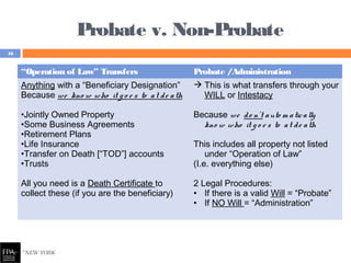 Probate v. Non-Probate
“Operation of Law” Transfers Probate /Administration
Anything with a “Beneficiary Designation”
Because we kno w who it g o e s to at de ath
•Jointly Owned Property
•Some Business Agreements
•Retirement Plans
•Life Insurance
•Transfer on Death [“TOD”] accounts
•Trusts
All you need is a Death Certificate to
collect these (if you are the beneficiary)
 This is what transfers through your
WILL or Intestacy
Because we do n’t auto m atically
kno w who it g o e s to at de ath
This includes all property not listed
under “Operation of Law”
(I.e. everything else)
2 Legal Procedures:
• If there is a valid Will = “Probate”
• If NO Will = “Administration”
16
 