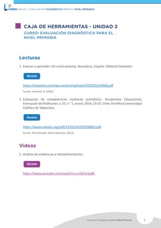 1
Evaluación Diagnóstica para el Nivel Primaria
EVALUACIÓN DIAGNÓSTICA PARA EL NIVEL PRIMARIA
CAJA DE HERRAMIENTAS - UNIDAD 2
CURSO: EVALUACIÓN DIAGNÓSTICA PARA EL
NIVEL PRIMARIA
Lecturas
1.	Evaluar y aprender: Un único proceso. Barcelona, España: Editorial Octaedro.
Acceso
https://octaedro.com/wp-content/uploads/2020/03/10468.pdf
Fuente: Sanmartí, N. (2020).
2.	Evaluación de competencias mediante portafolios. Perspectiva Educacional,
Formación de Profesores, v. 53, n.° 1, enero, 2014, 19-35. Chile: Pontificia Universidad
Católica de Valparaíso.
Acceso
https://www.redalyc.org/pdf/3333/333329700003.pdf
Fuente: Pérez Rendón, María Maclovia. (2014).
Videos
1.	Análisis de evidencias y retroalimentación.
Acceso
https://www.youtube.com/watch?v=x-zQV3v1qBE
 