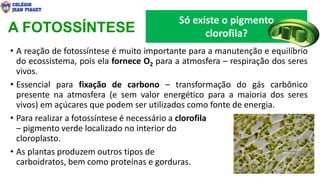 A FOTOSSÍNTESE
• A reação de fotossíntese é muito importante para a manutenção e equilíbrio
do ecossistema, pois ela fornece O2 para a atmosfera – respiração dos seres
vivos.
• Essencial para fixação de carbono – transformação do gás carbônico
presente na atmosfera (e sem valor energético para a maioria dos seres
vivos) em açúcares que podem ser utilizados como fonte de energia.
• Para realizar a fotossíntese é necessário a clorofila
– pigmento verde localizado no interior do
cloroplasto.
• As plantas produzem outros tipos de
carboidratos, bem como proteínas e gorduras.
Só existe o pigmento
clorofila?
5
 