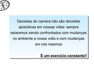Decisões de carreira não são decisões episódicas em nossas vidas: sempre estaremos sendo confrontados com mudanças no ambiente a nossa volta e com mudanças em nós mesmos É um exercício constante!! 
