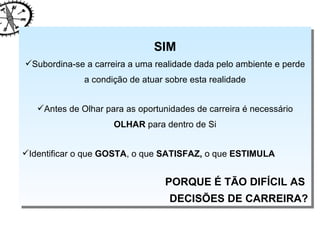 SIM Subordina-se a carreira a uma realidade dada pelo ambiente e perde a condição de atuar sobre esta realidade Antes de Olhar para as oportunidades de carreira é necessário  OLHAR  para dentro de Si Identificar o que  GOSTA , o que  SATISFAZ,  o que  ESTIMULA PORQUE É TÃO DIFÍCIL AS  DECISÕES DE CARREIRA? 