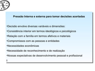 Pressão Interna e externa para tomar decisões acertadas Decisão envolve diversas variáveis e dimensões: Consistência interior em termos ideológicos e psicológicos Relação com a família em termos afetivos e materiais Compromissos com as pessoas e entidades Necessidades econômicas Necessidade de reconhecimento e de realização Nossas expectativas de desenvolvimento pessoal e profissional i 