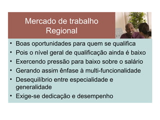 Mercado de trabalho Regional Boas oportunidades para quem se qualifica Pois o nível geral de qualificação ainda é baixo Exercendo pressão para baixo sobre o salário Gerando assim ênfase à multi-funcionalidade Desequilíbrio entre especialidade e generalidade Exige-se dedicação e desempenho 