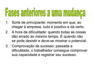 Sorte de principiante: momento em que, ao chegar à empresa, tudo é positivo e dá certo. A hora da dificuldade: quando todas as coisas dão errado ao mesmo tempo. É quando não se pode desistir e deve-se mostrar o potencial. Comprovação de sucesso: passada a dificuldade, o trabalhador consegue comprovar sua capacidade e registrar seu sucesso.  Fases anteriores a uma mudança 